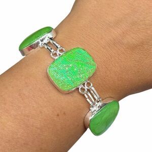 Green Triplet Fire Opal Bracelet 925 Sterling Silver Overlay Iridescent
